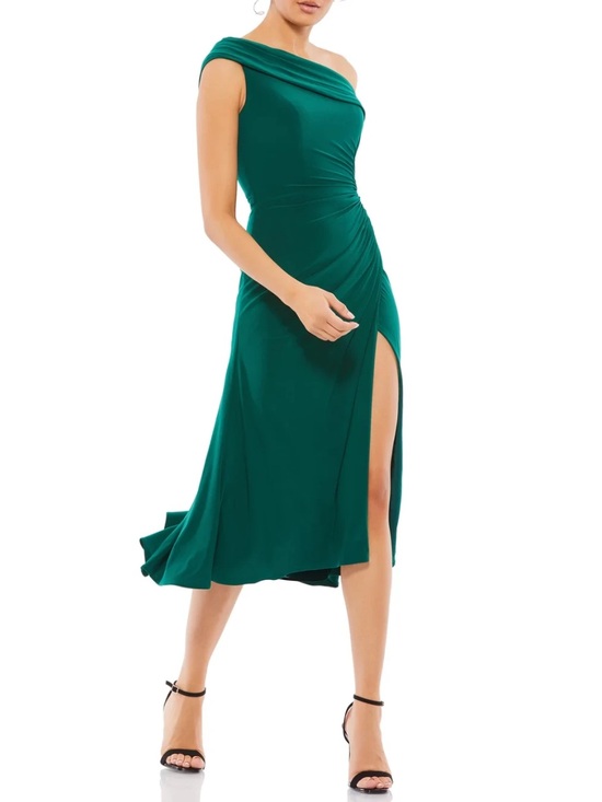 Mac Duggal Dresses & Skirts - Mac Duggal IEENA Off-Shoulder Emerald Green Midi Dress with Side Slit & Ruching